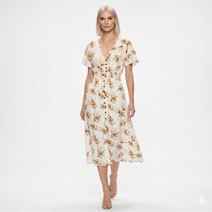 NEW Boho Autumn Leaf Midi Dress MEDIUM Beige Split Sides NWOT